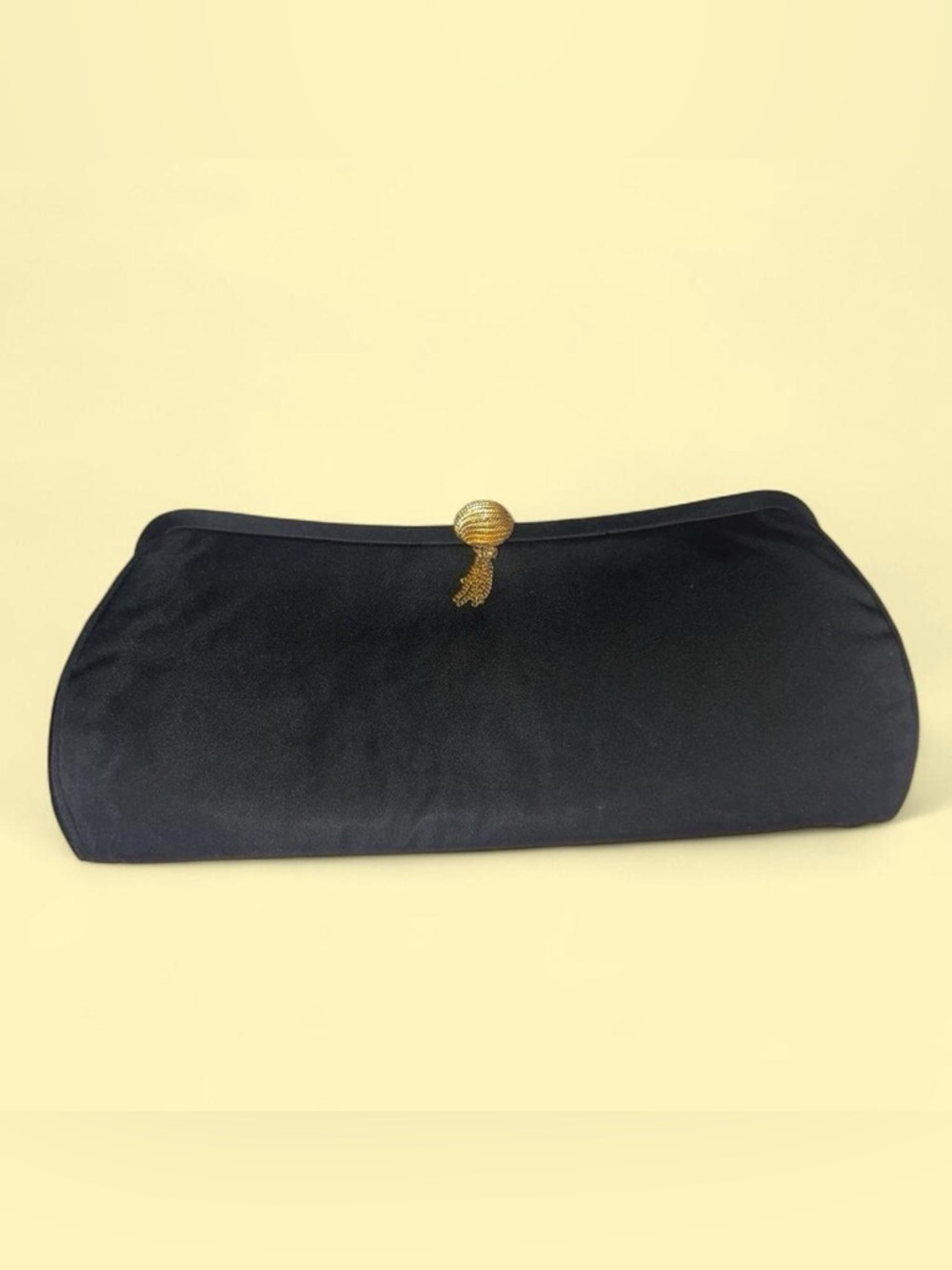 Black Satin Evening Clutch with Gold Tassel Accent